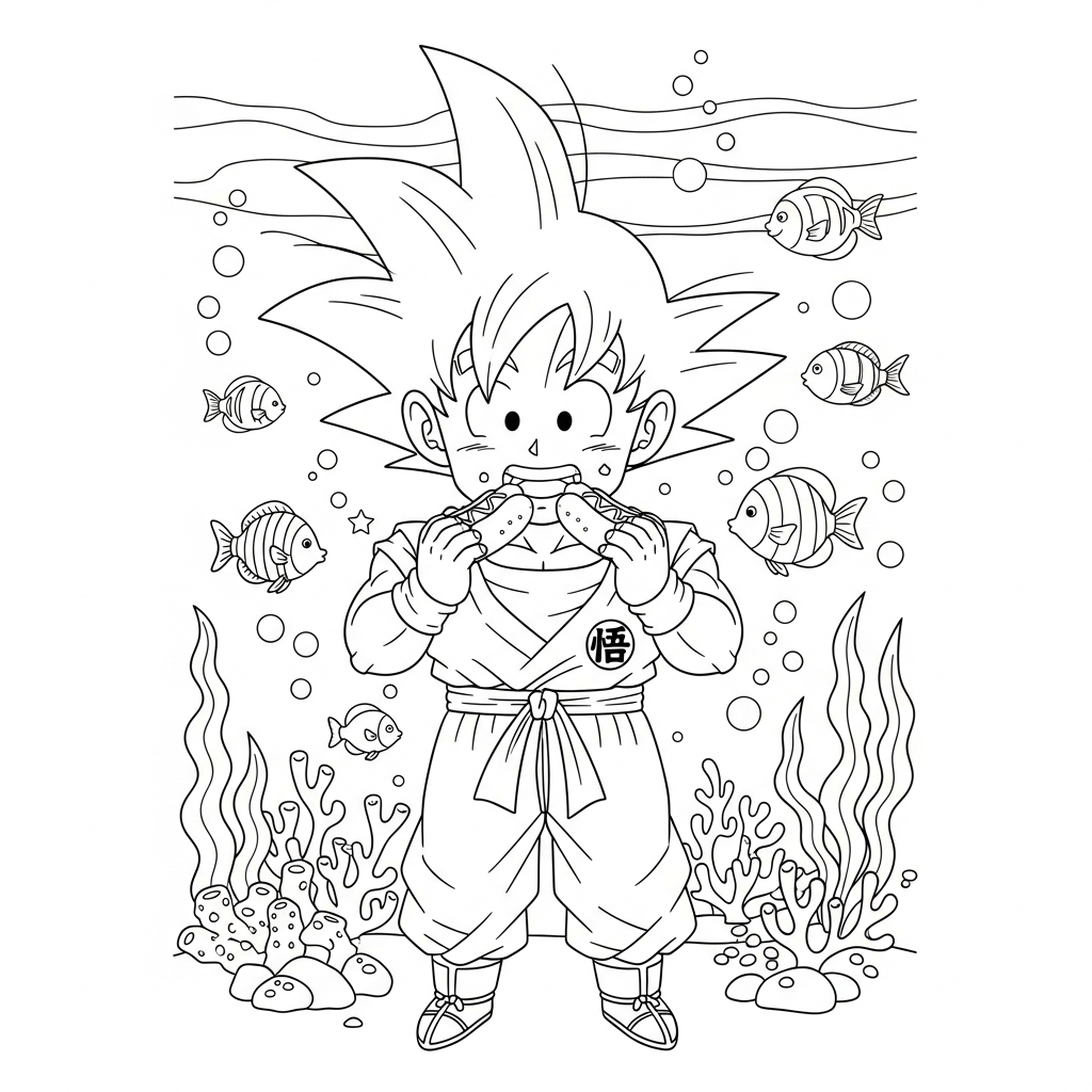 Desenho de Goku para colorir comendo cachorro-quente entre peixes e corais