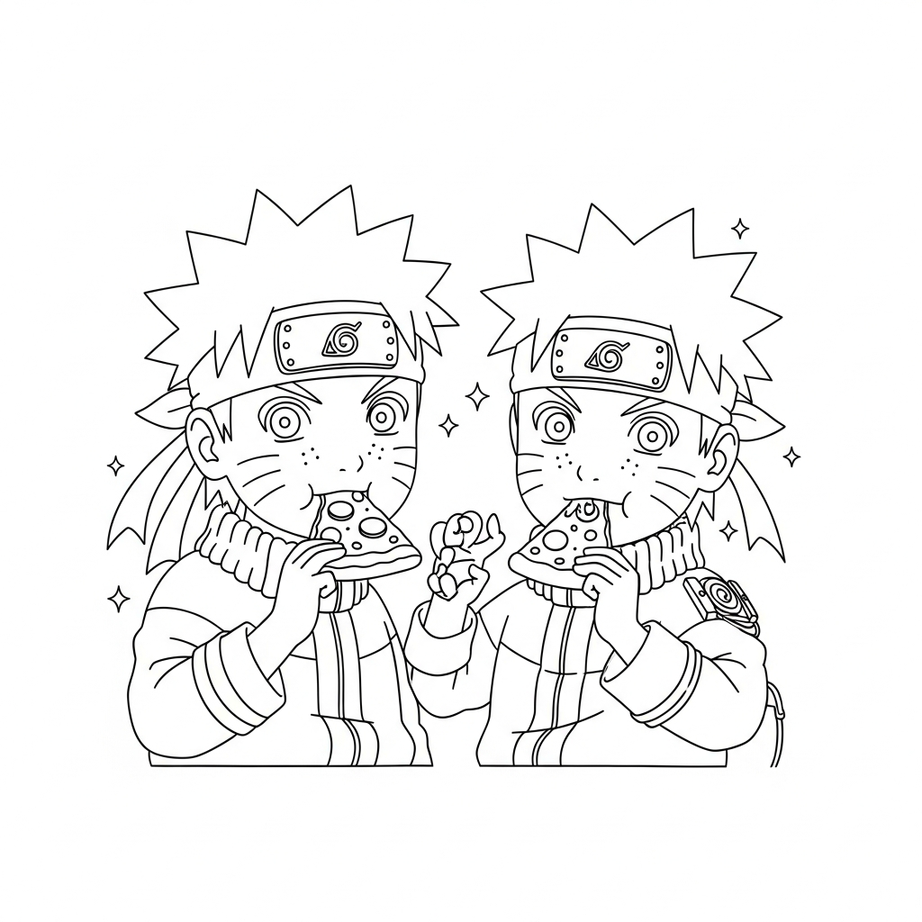 Desenho de Naruto para colorir comendo uma fatia de pizza sorridente