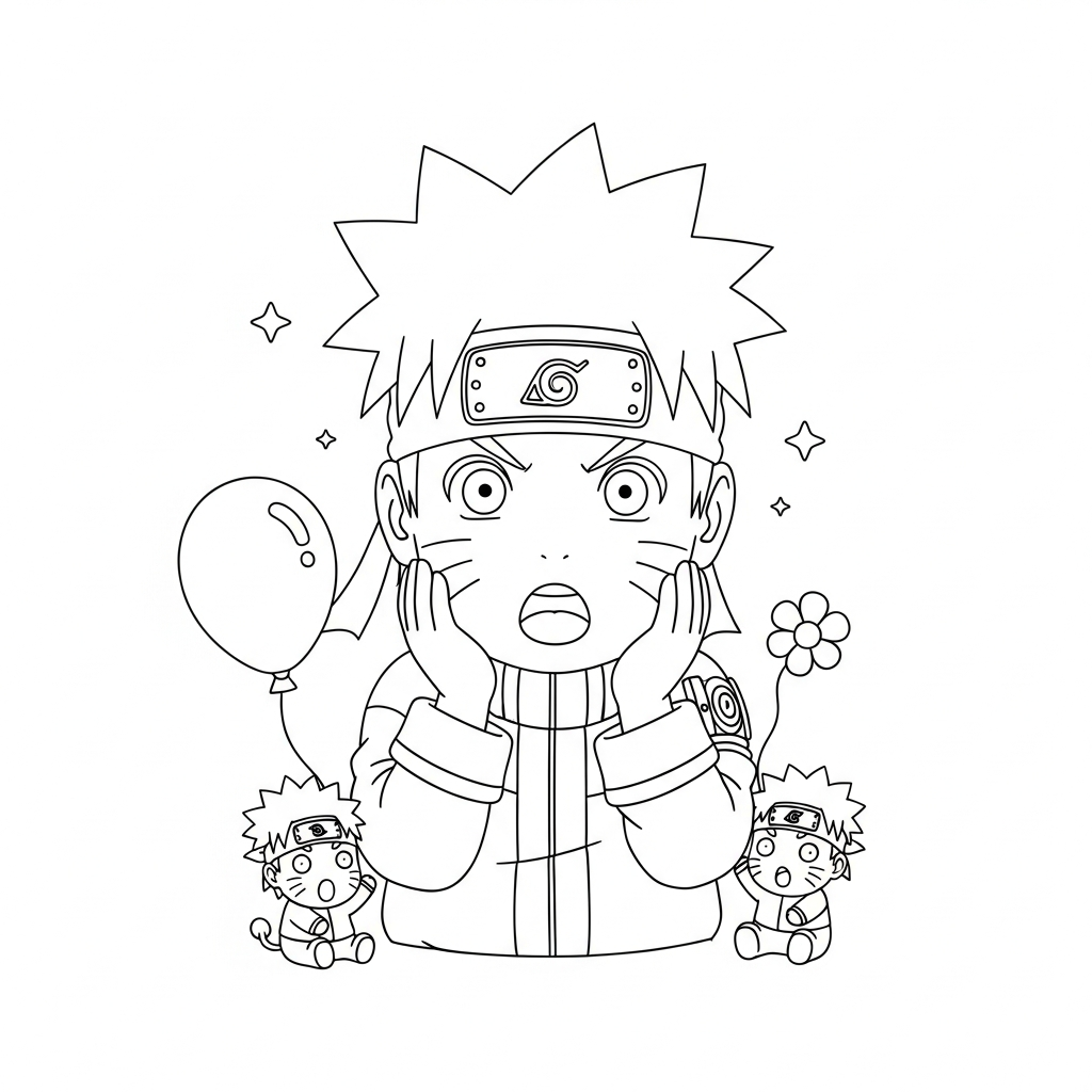 Desenho de Naruto para colorir surpreso com mãos no rosto e uma kunai pequena.
