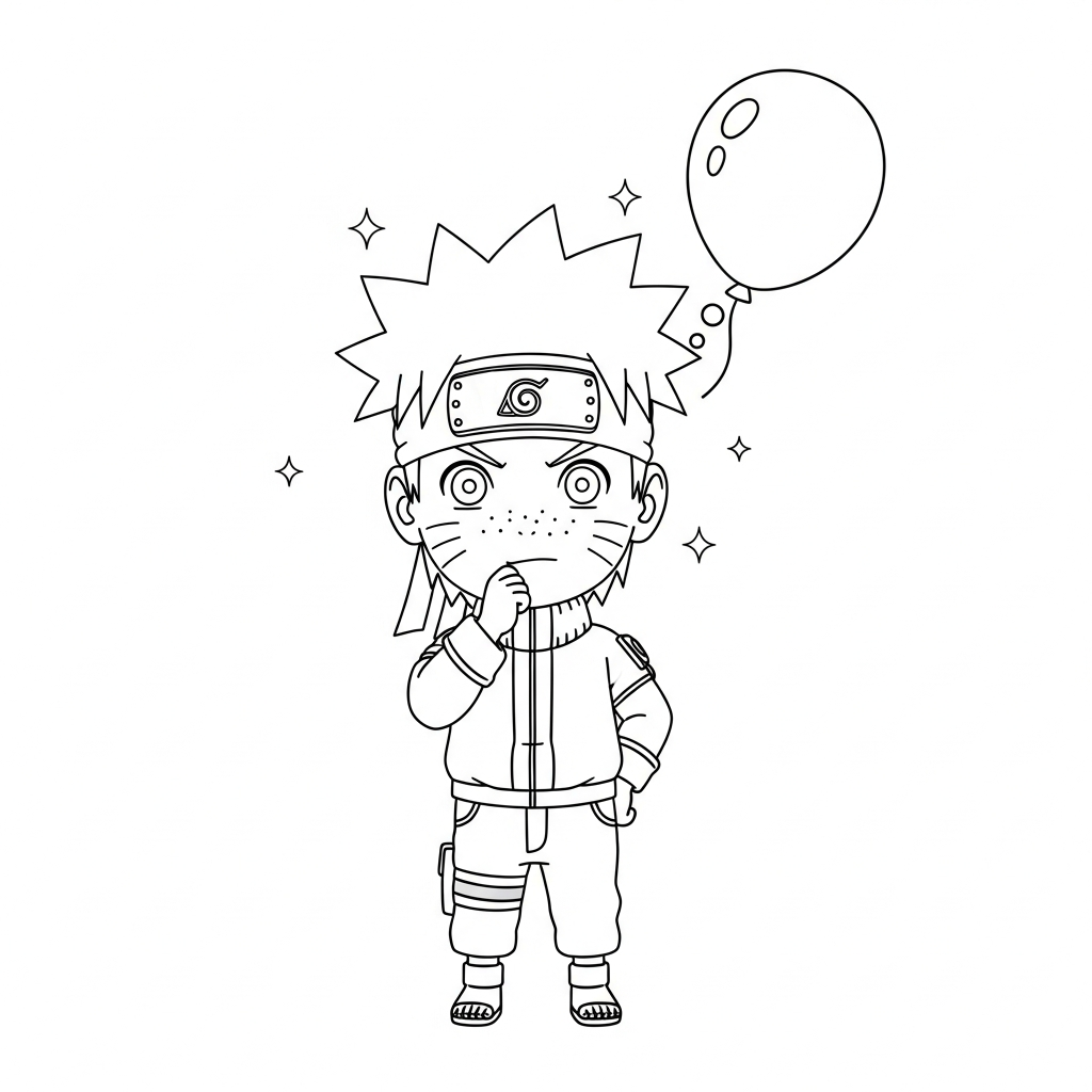 Desenho de Naruto para colorir sonhando com balãozinho de pensamento e kunai pequena