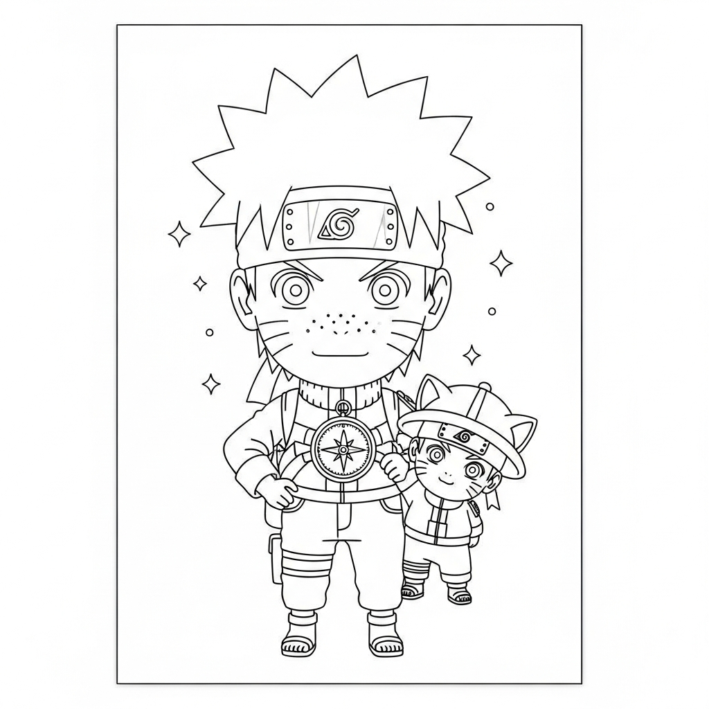 Desenho de Naruto para colorir vestido de explorador segurando uma bússola