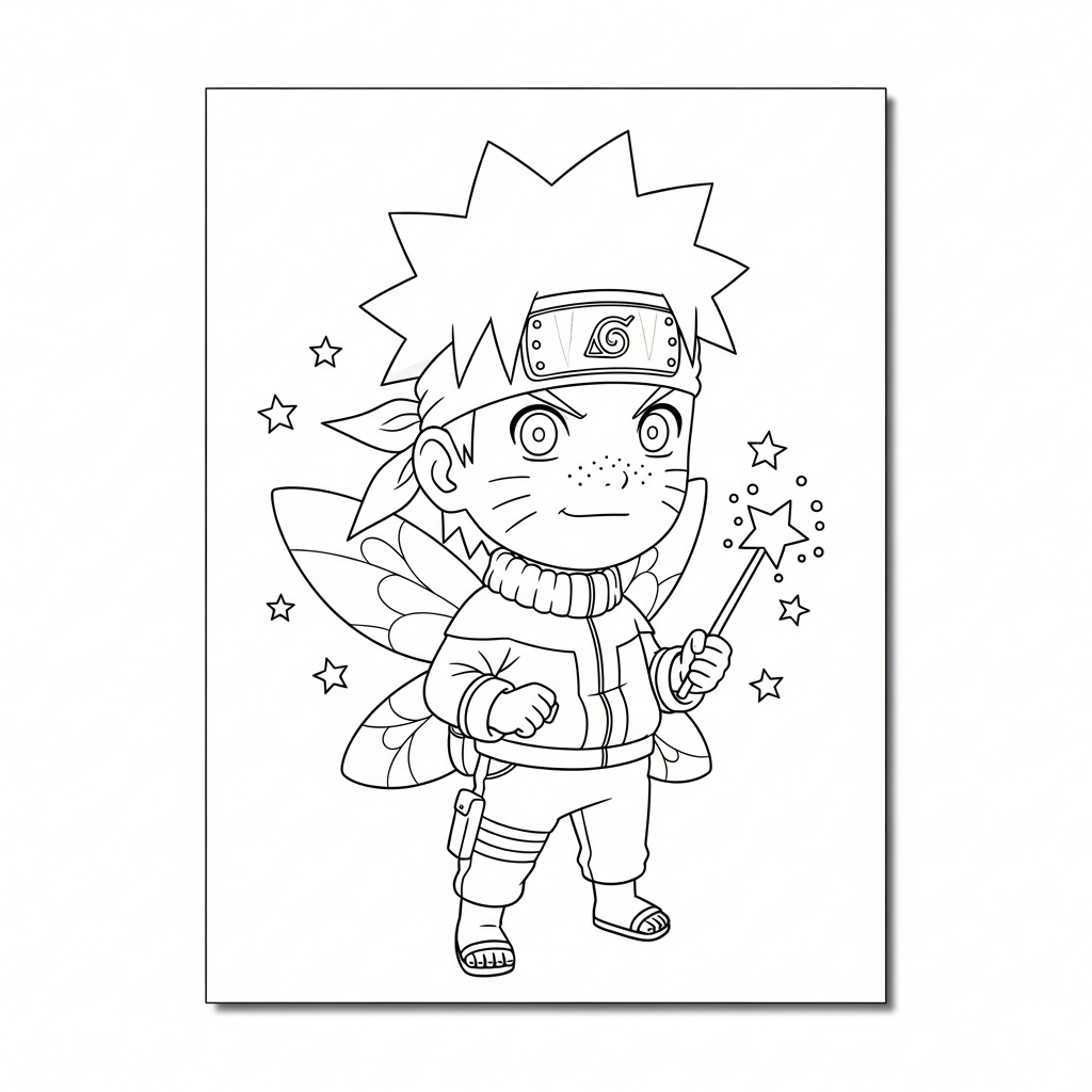 Desenho de Naruto para colorir vestido de fada com varinha e estrelas