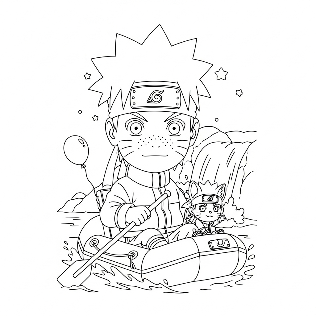 Desenho de Naruto para colorir descendo cachoeira em bote com pedra pequena