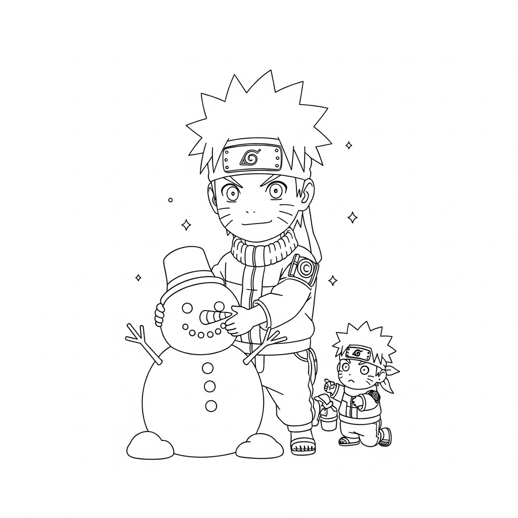 Desenho de Naruto para colorir fazendo boneco de neve no jardim
