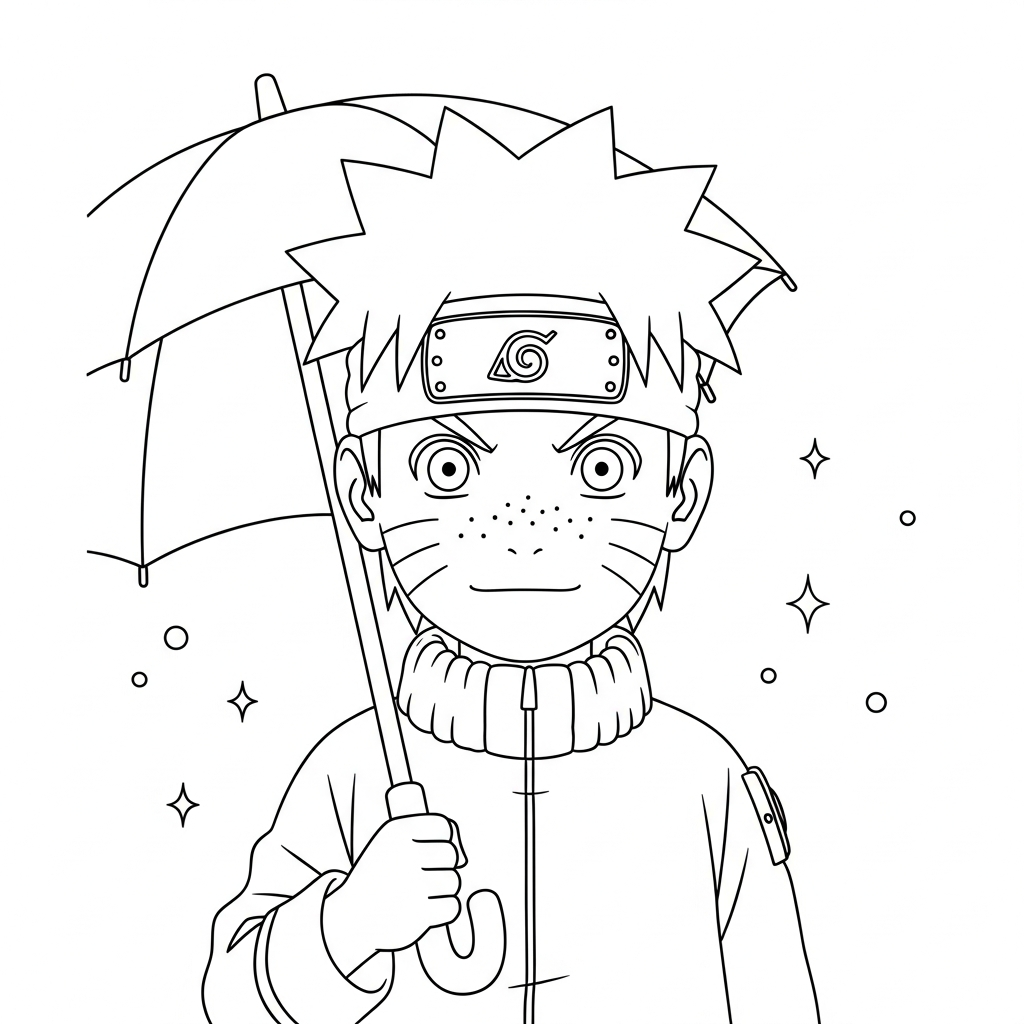 Desenho de Naruto para colorir segurando guarda-chuva em contorno simples