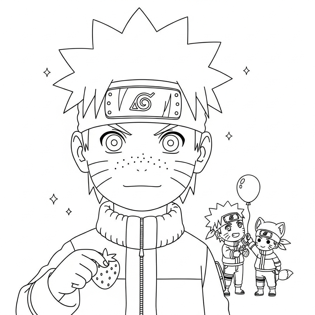 Desenho de Naruto para colorir colhendo morangos na plantação com pequeno cesto