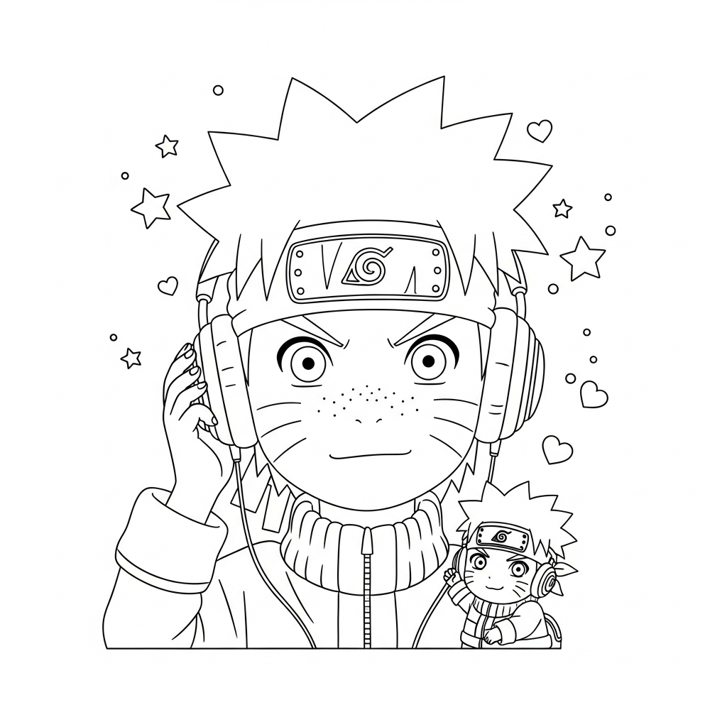 Desenho de Naruto para colorir escutando música com fones grandes, estrelinhas e corações.