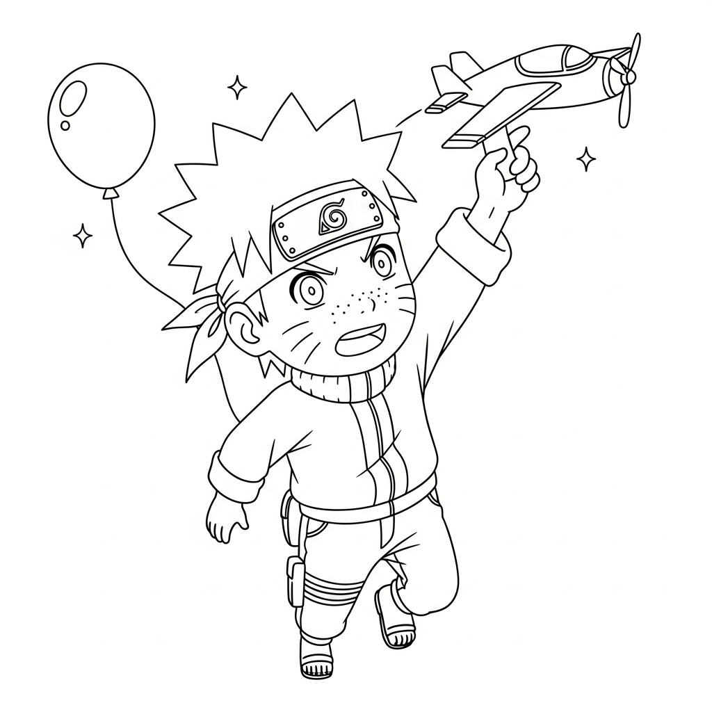 Desenho de Naruto para colorir brincando com aviãozinho de brinquedo perto de estrela