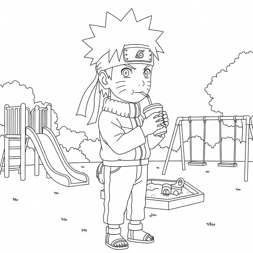 Desenho de Naruto para colorir bebendo em copo com canudo no playground.