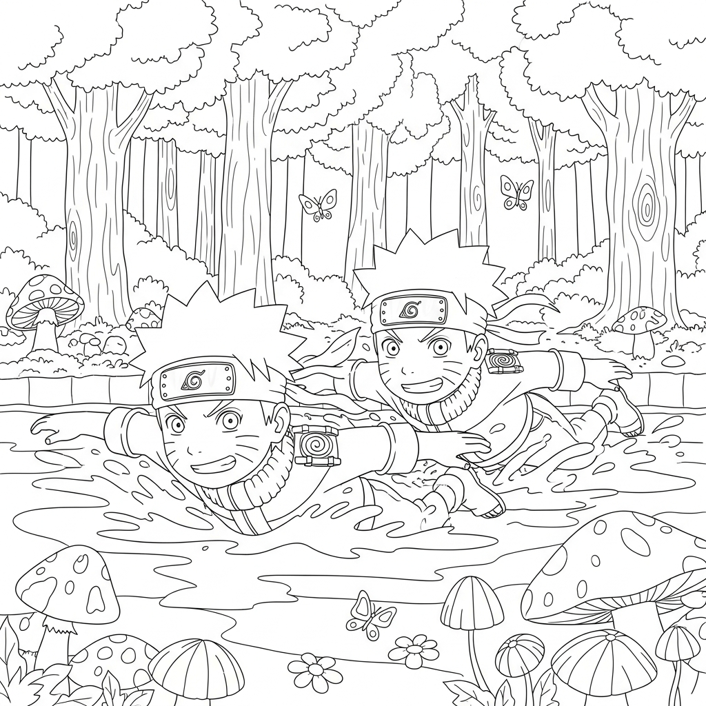 Desenho de Naruto para colorir nadando estilo livre na piscina da floresta.