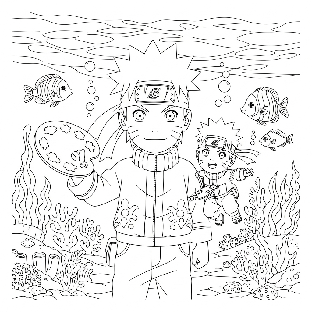Desenho de Naruto para colorir vestido de pintor no fundo do mar.