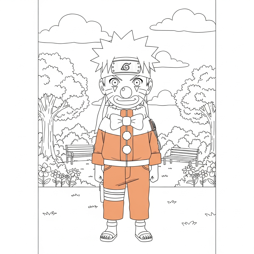 Desenho de naruto para colorir vestido de palhaço em parque ensolarado com árvores.