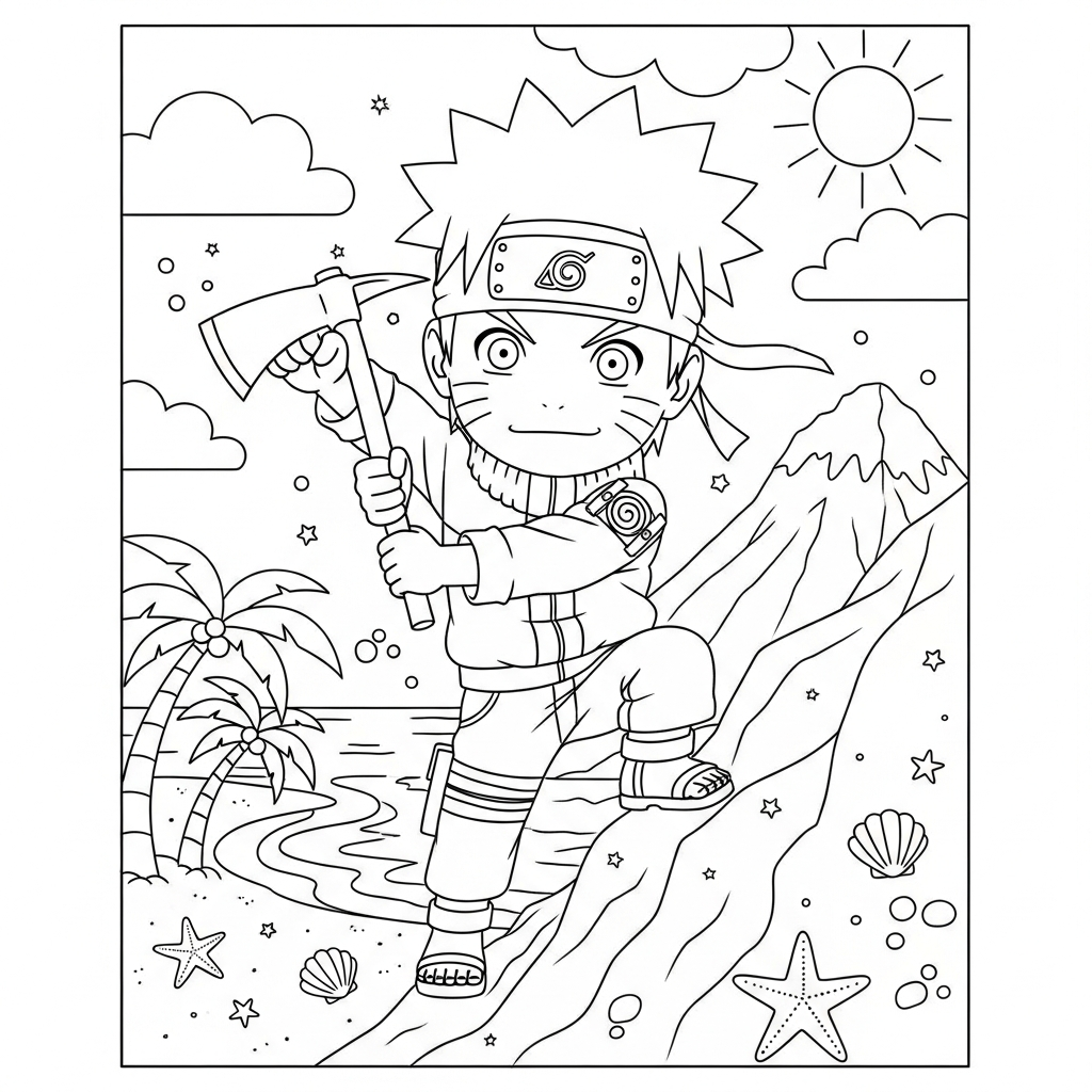 Desenho de Naruto para colorir escalando montanha com piolet na praia com palmeiras
