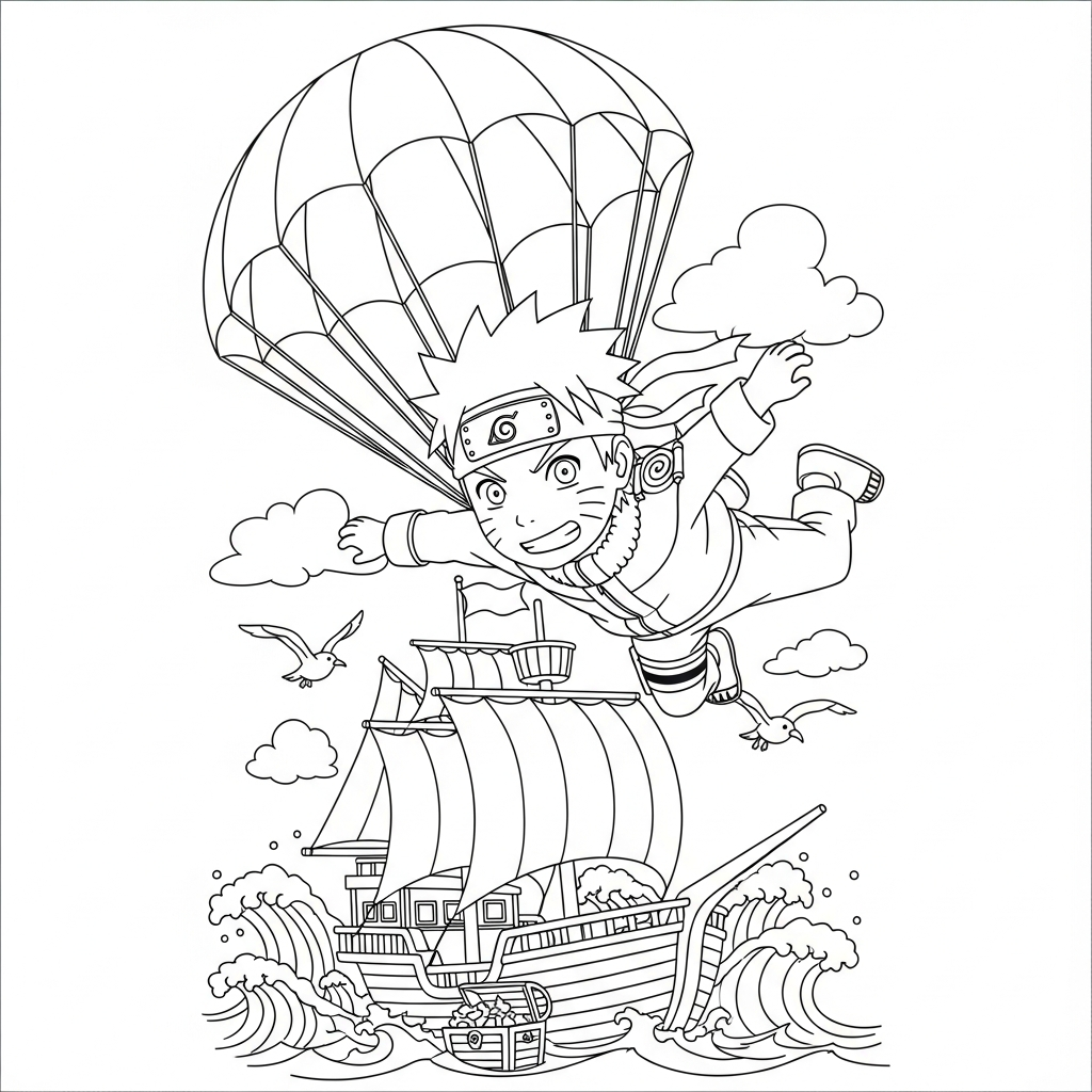 Desenho de Naruto para colorir descendo em paraquedas sobre um navio pirata