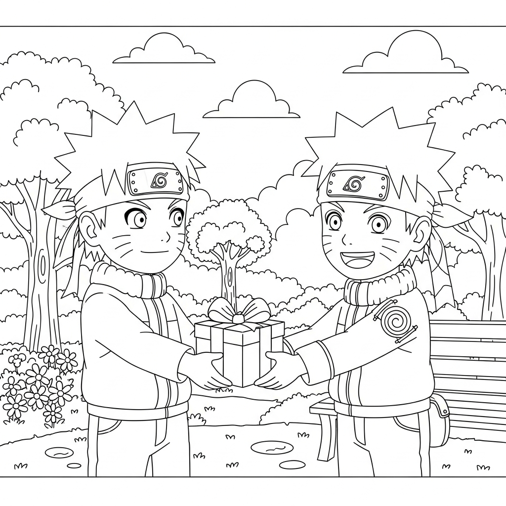 Desenho de Naruto para colorir entregando presente de Natal em parque ensolarado com árvores