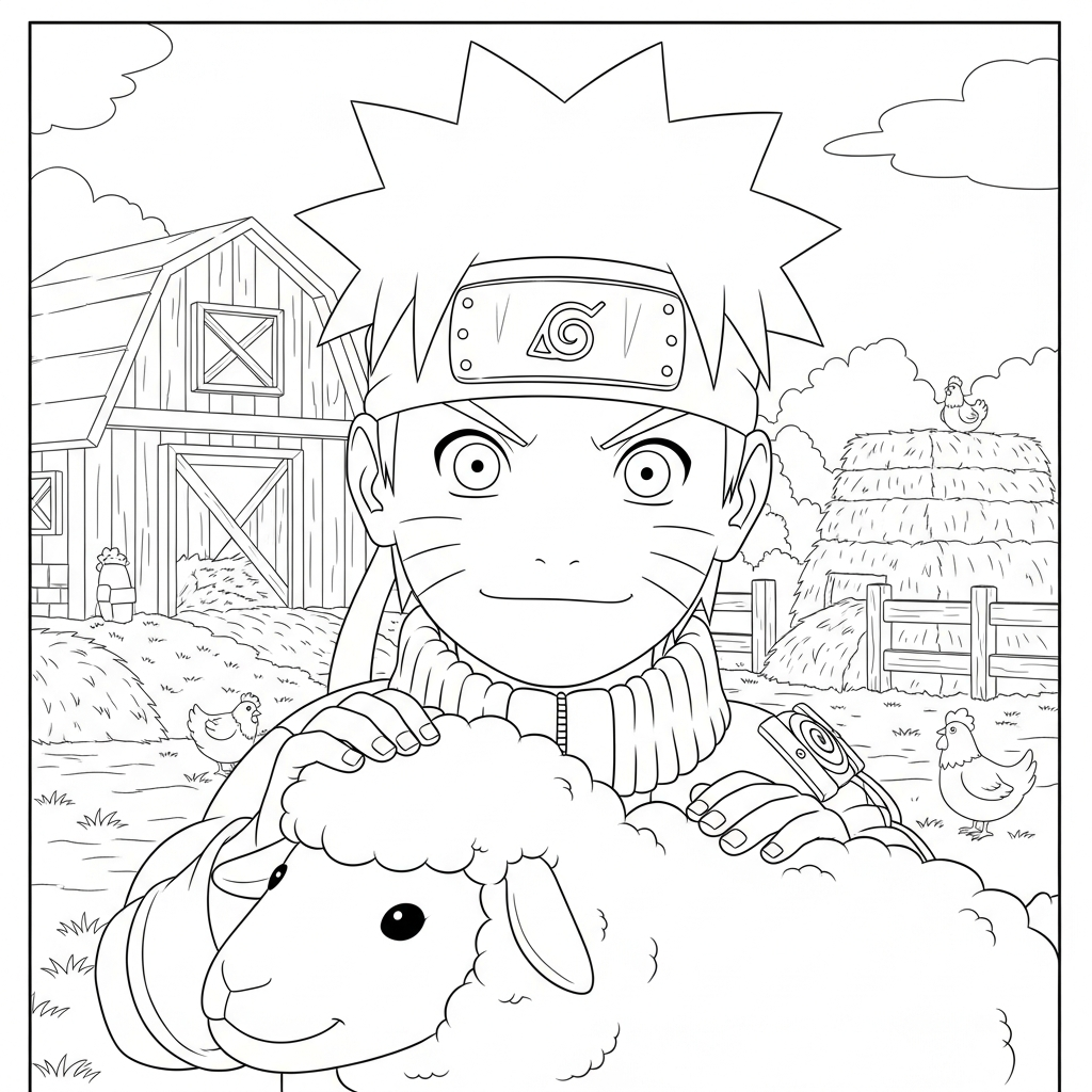 Desenho de Naruto para colorir acariciando ovelha lanuda na fazenda com celeiro.