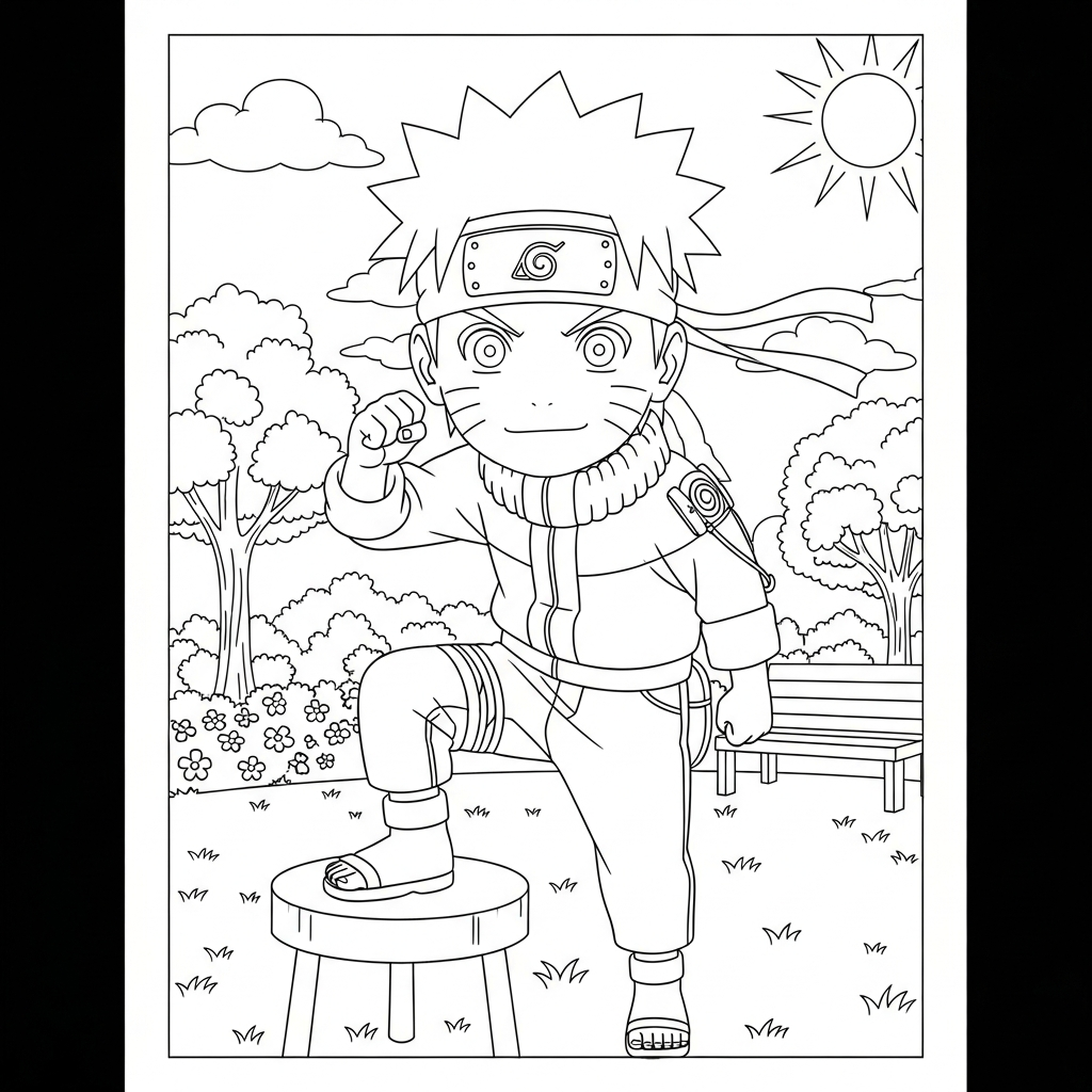 Desenho de Naruto para colorir subindo em um banco baixo no parque ensolarado com árvores.