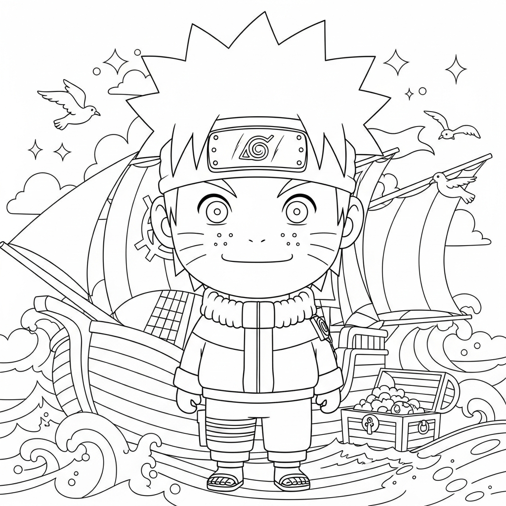 Desenho de naruto para colorir como monstrinho fofo sorridente em navio pirata