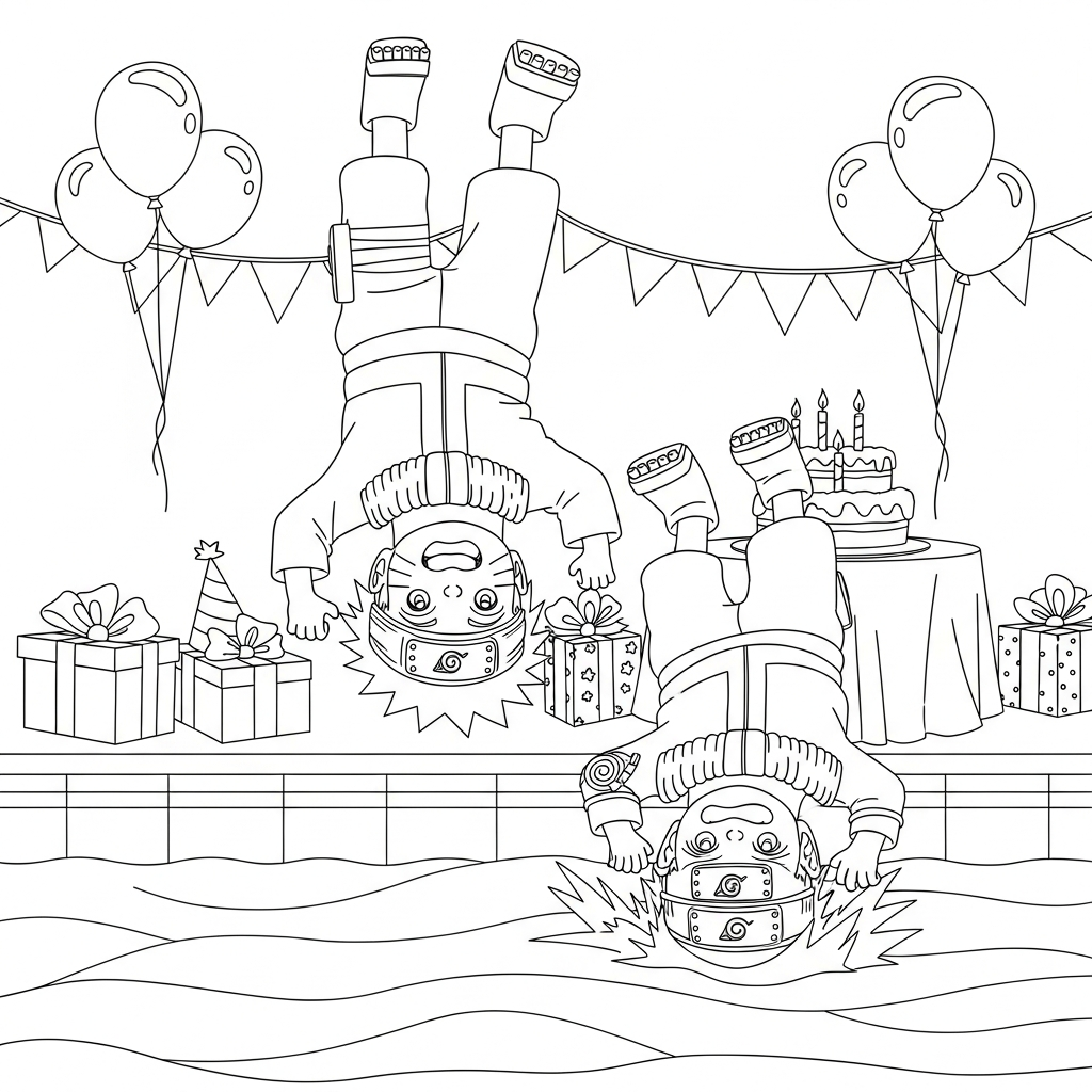 Desenho de Naruto para colorir dando volta carpada na piscina em festa de aniversário