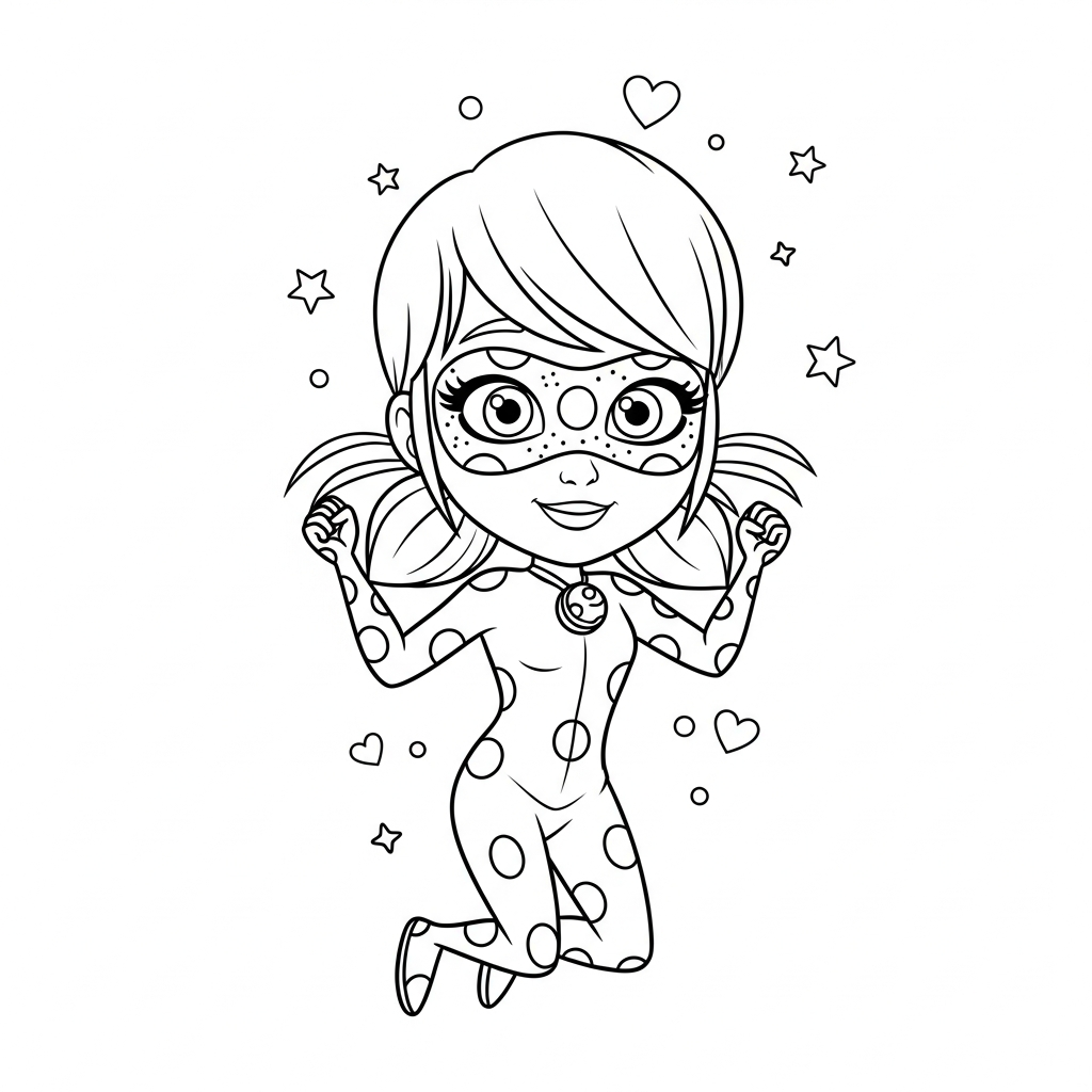 Desenho de Ladybug Miraculous para colorir pulando alegremente entre estrelinhas e corações.