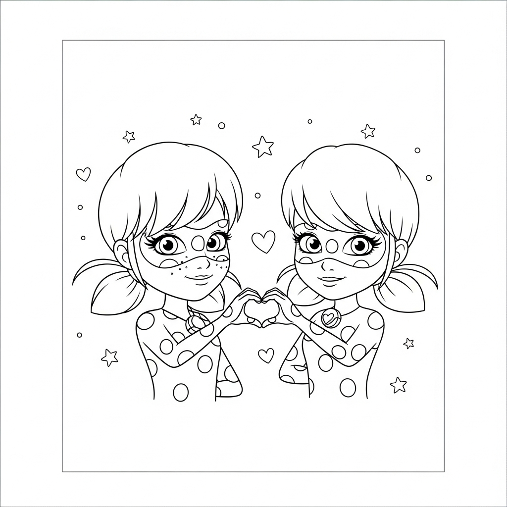 Desenho de Ladybug Miraculous para colorir fazendo coração com as mãos entre estrelinhas e corações decorativos.