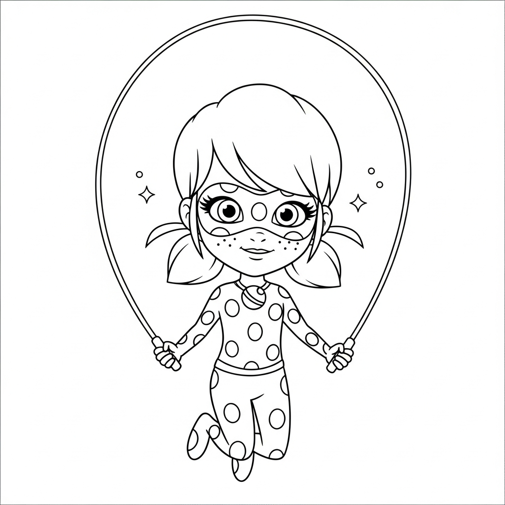 Desenho de Ladybug Miraculous para colorir pulando corda alegremente com uma flor.
