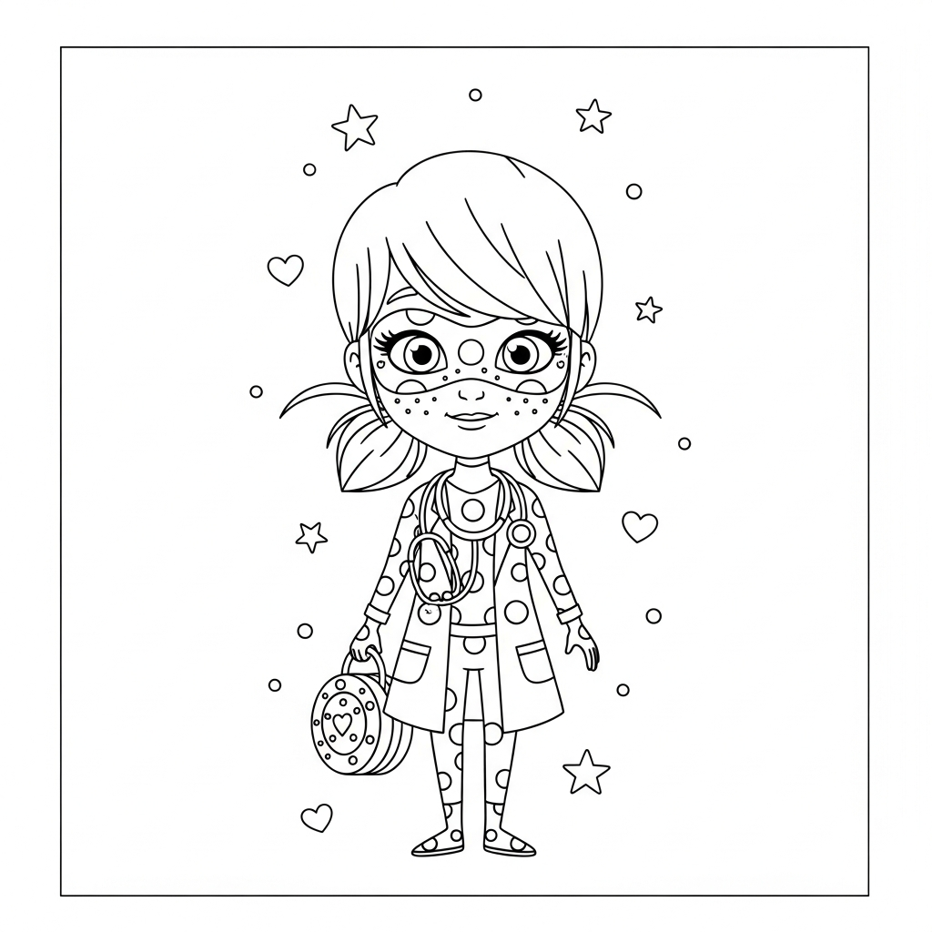 Desenho de Ladybug Miraculous para colorir vestida de médico com estetoscópio, estrelinhas e corações.
