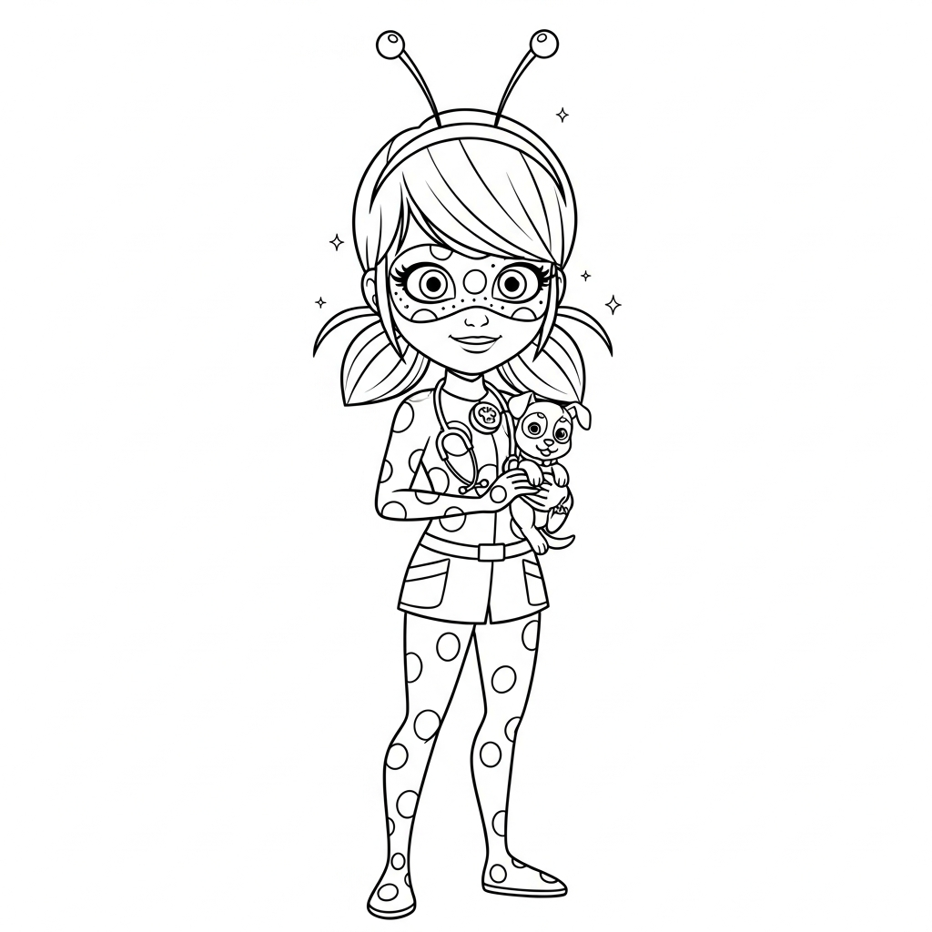 Desenho de Ladybug Miraculous para colorir vestida de veterinária segurando um filhote