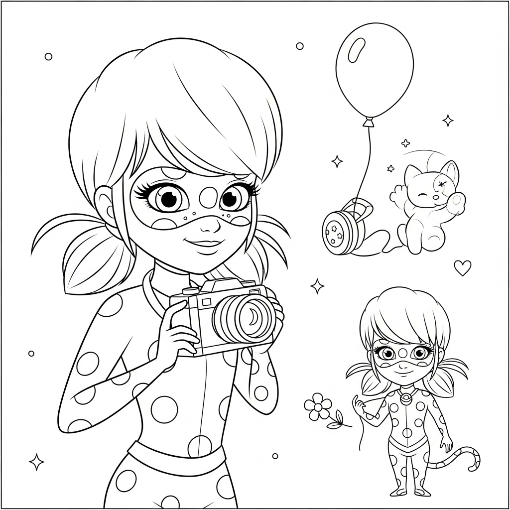 Desenho de Ladybug Miraculous para colorir vestida de fotógrafo com câmera e flor.