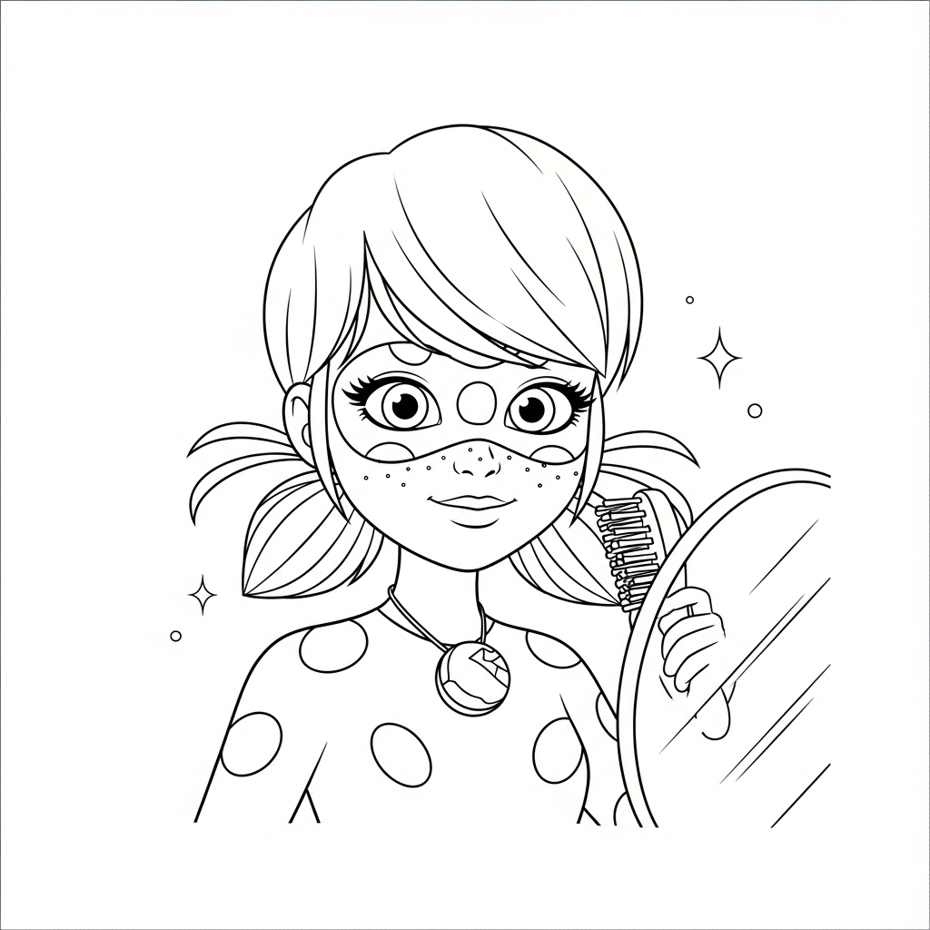 Desenho de Ladybug Miraculous para colorir escovando os cabelos no espelho