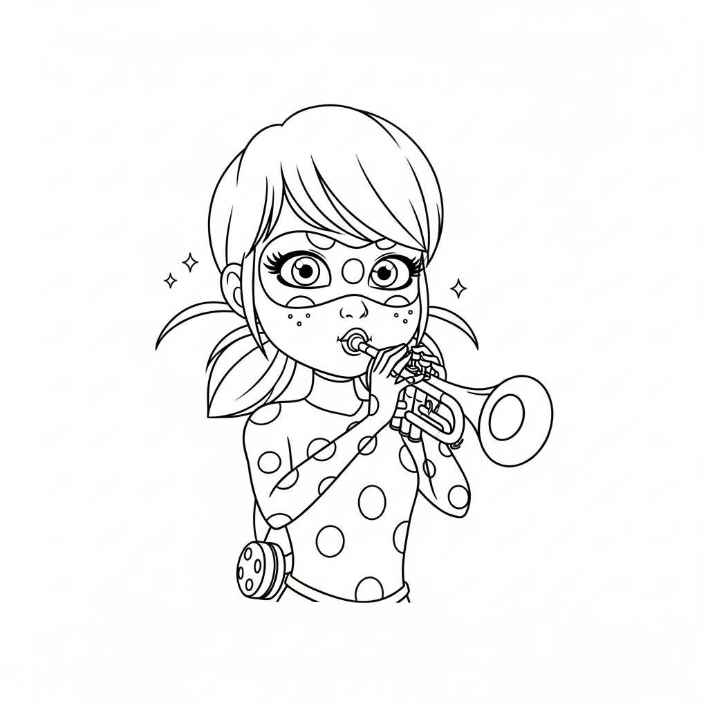 Desenho de ladybug miraculous para colorir tocando trompete com bochechas em contorno