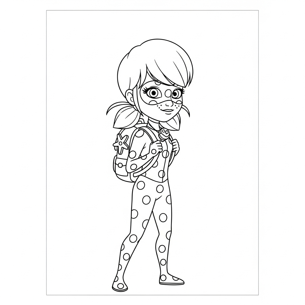 Desenho de Ladybug Miraculous para colorir explorando a floresta com mochila