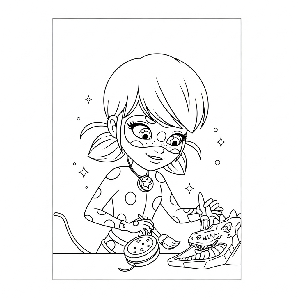 Desenho de Ladybug Miraculous para colorir descobrindo fóssil de dinossauro com pincel