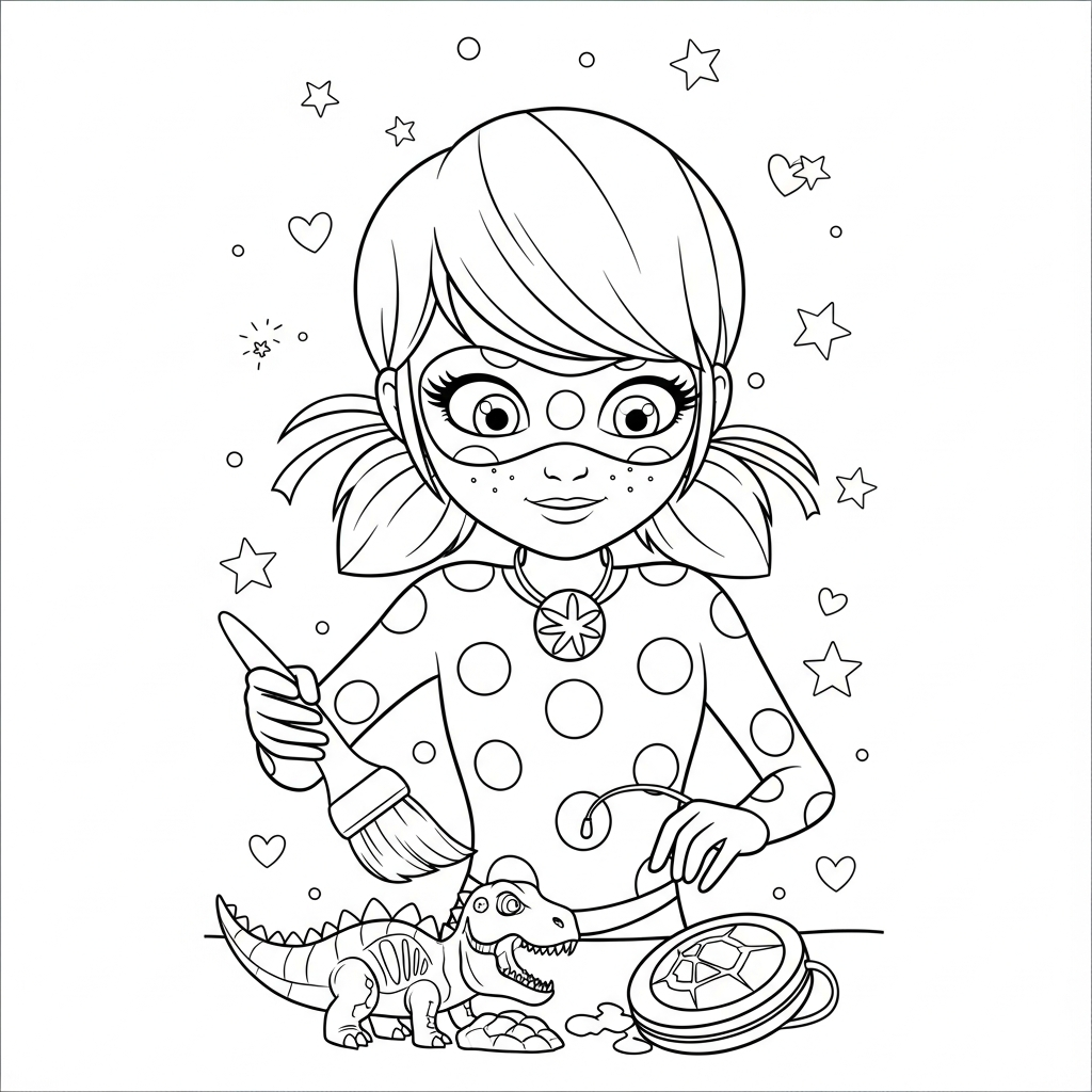 Desenho de Ladybug Miraculous para colorir descobrindo fóssil de dinossauro com pincel.