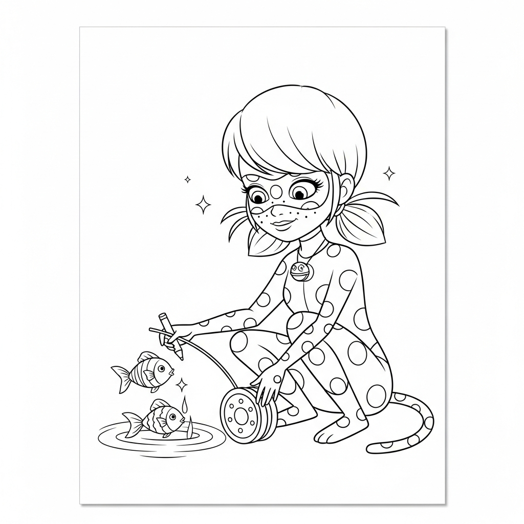 Desenho de Ladybug Miraculous para colorir alimentando peixinhos em uma lagoa