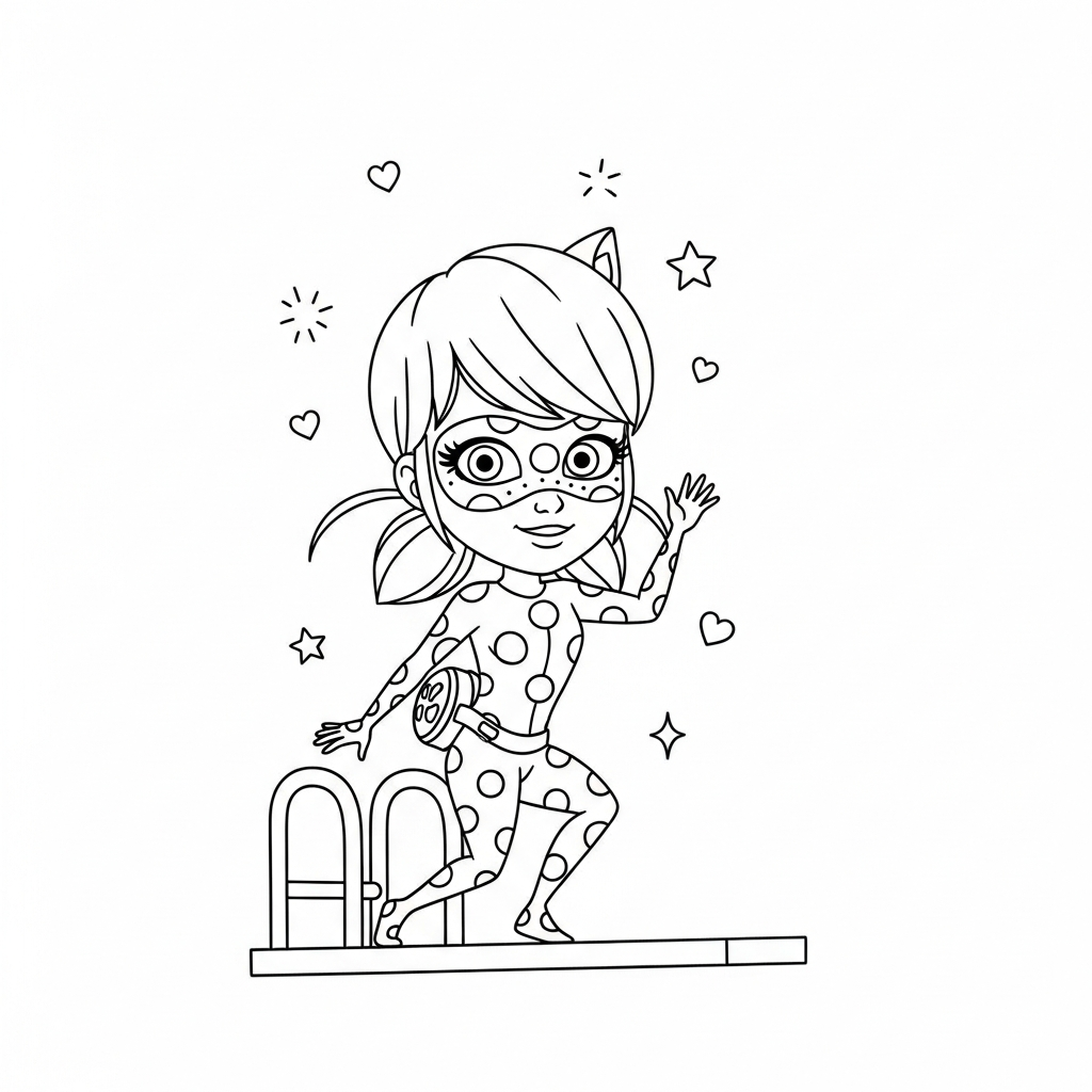 Desenho de Ladybug Miraculous para colorir acenando do alto de um trampolim com estrelinhas e corações
