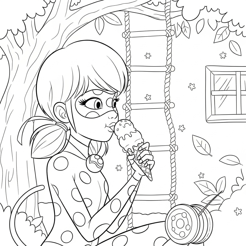 Desenho de Ladybug Miraculous para colorir comendo casquinha de sorvete na casa na árvore