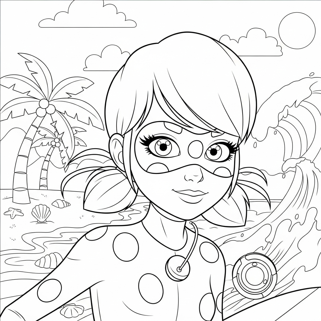 Desenho de Ladybug Miraculous para colorir surfando em uma onda na praia com palmeiras