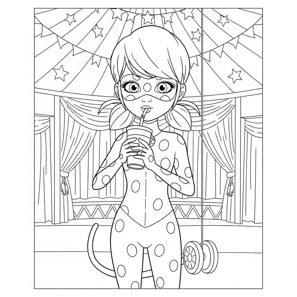 Desenho de Ladybug Miraculous para colorir bebendo em copo com canudo no circo