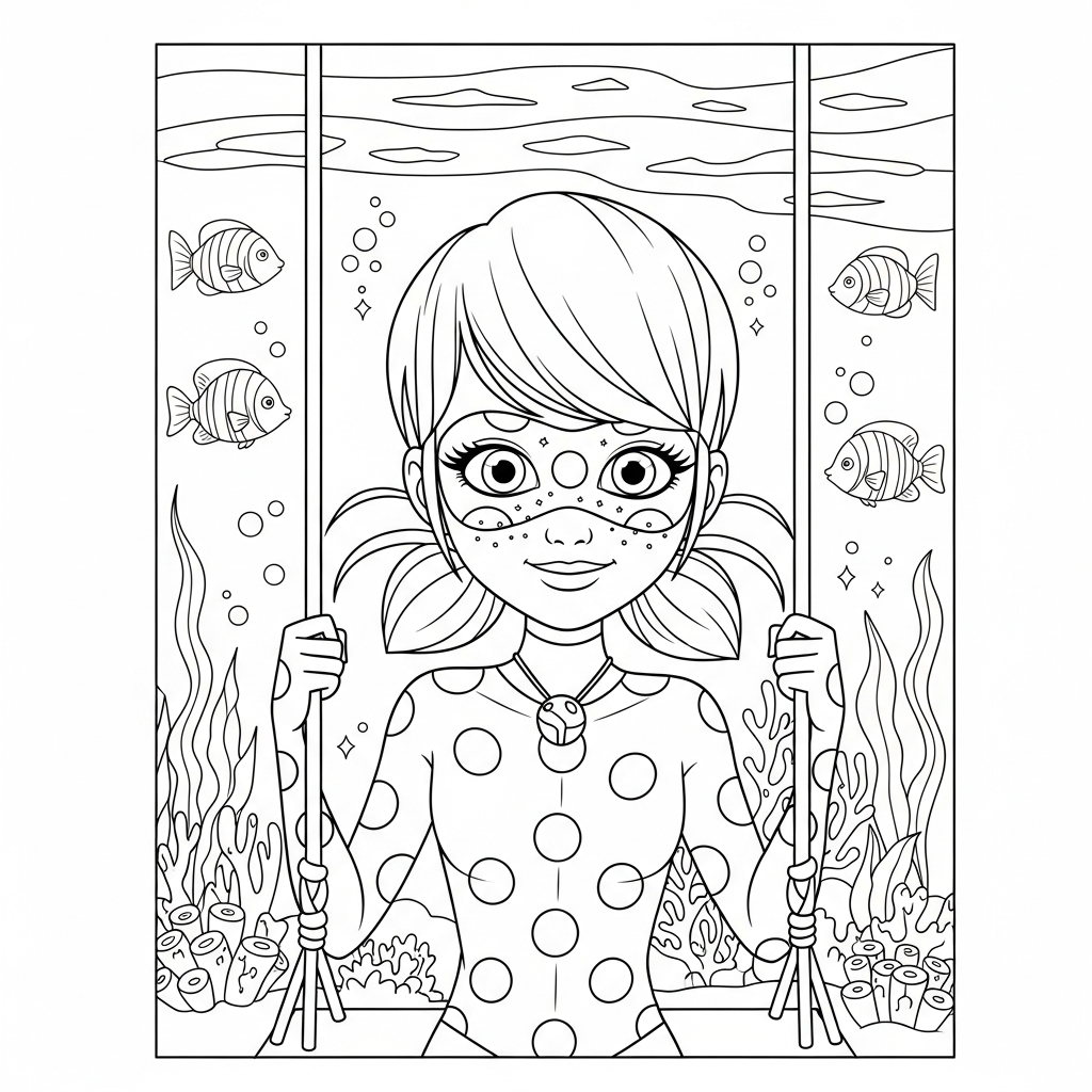 Desenho de Ladybug Miraculous para colorir sentada em balanço no fundo do mar.