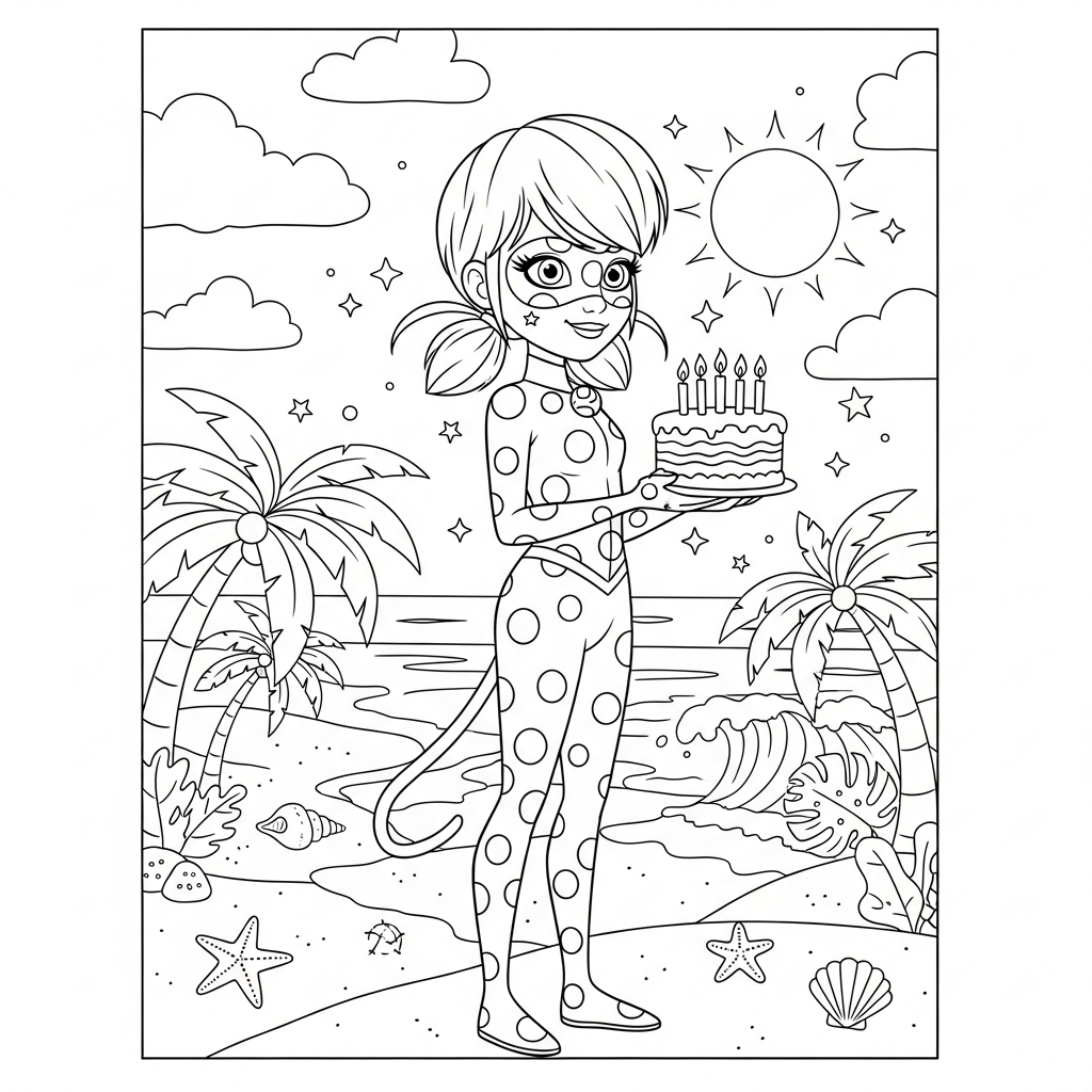 Desenho de Ladybug Miraculous para colorir segurando bolo com velas na praia com palmeiras