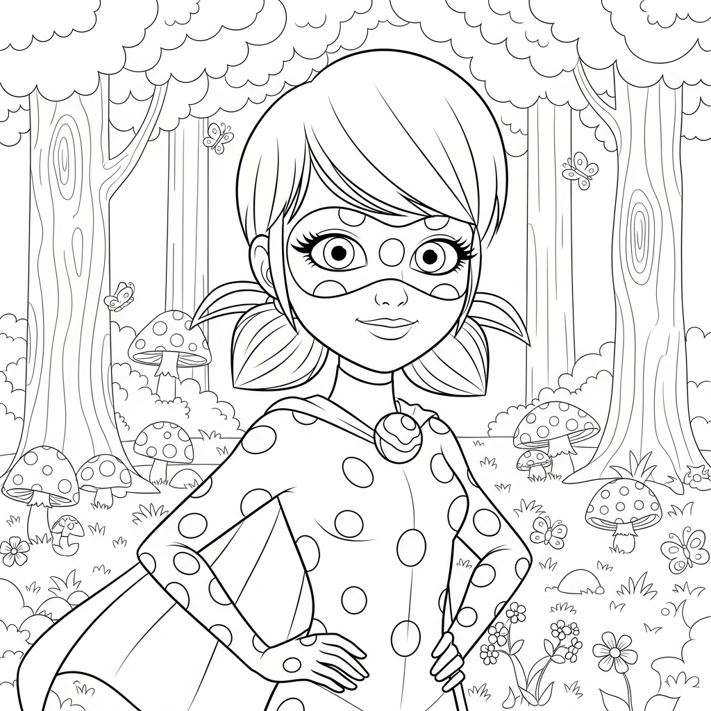 Desenho de Ladybug Miraculous para colorir usando capa, mãos na cintura, na floresta.