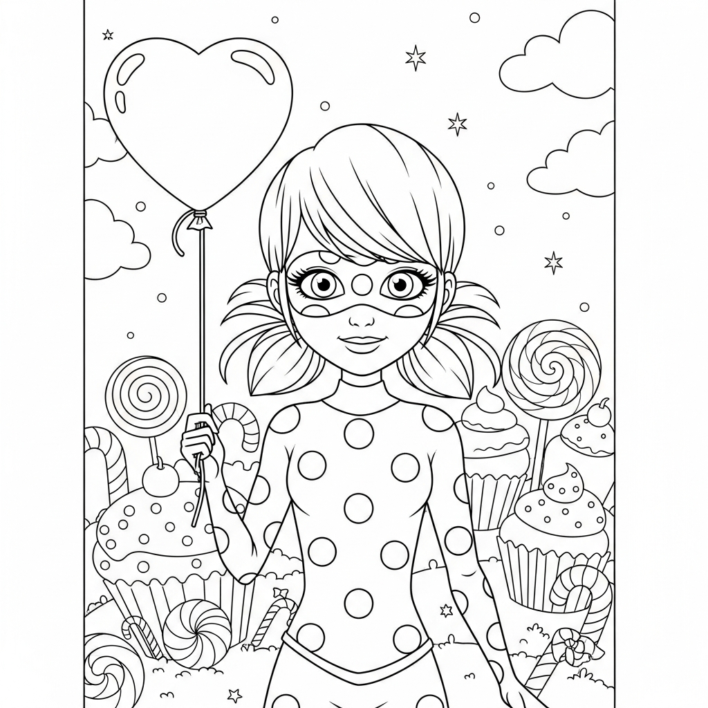 Desenho de Ladybug Miraculous para colorir segurando balão de coração na terra dos doces