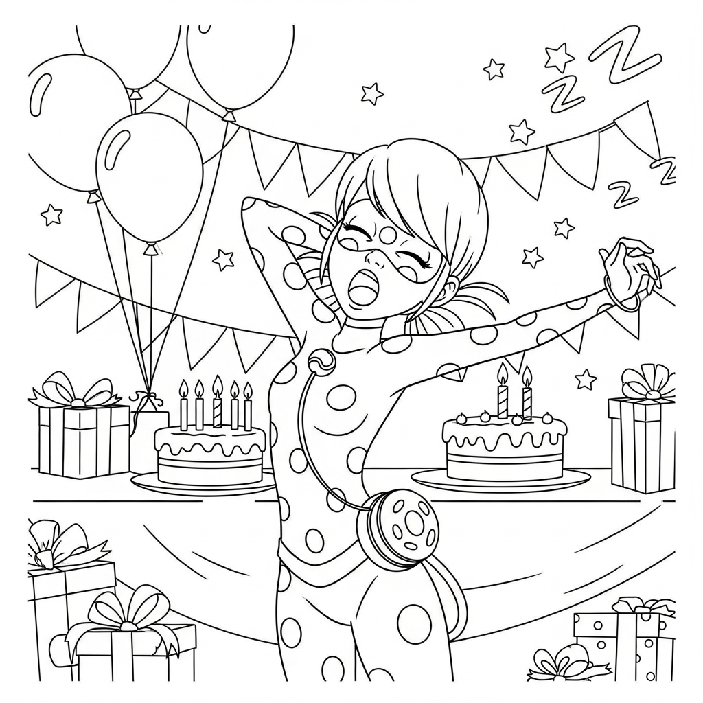Desenho de Ladybug Miraculous para colorir bocejando e se espreguiçando em festa de aniversário