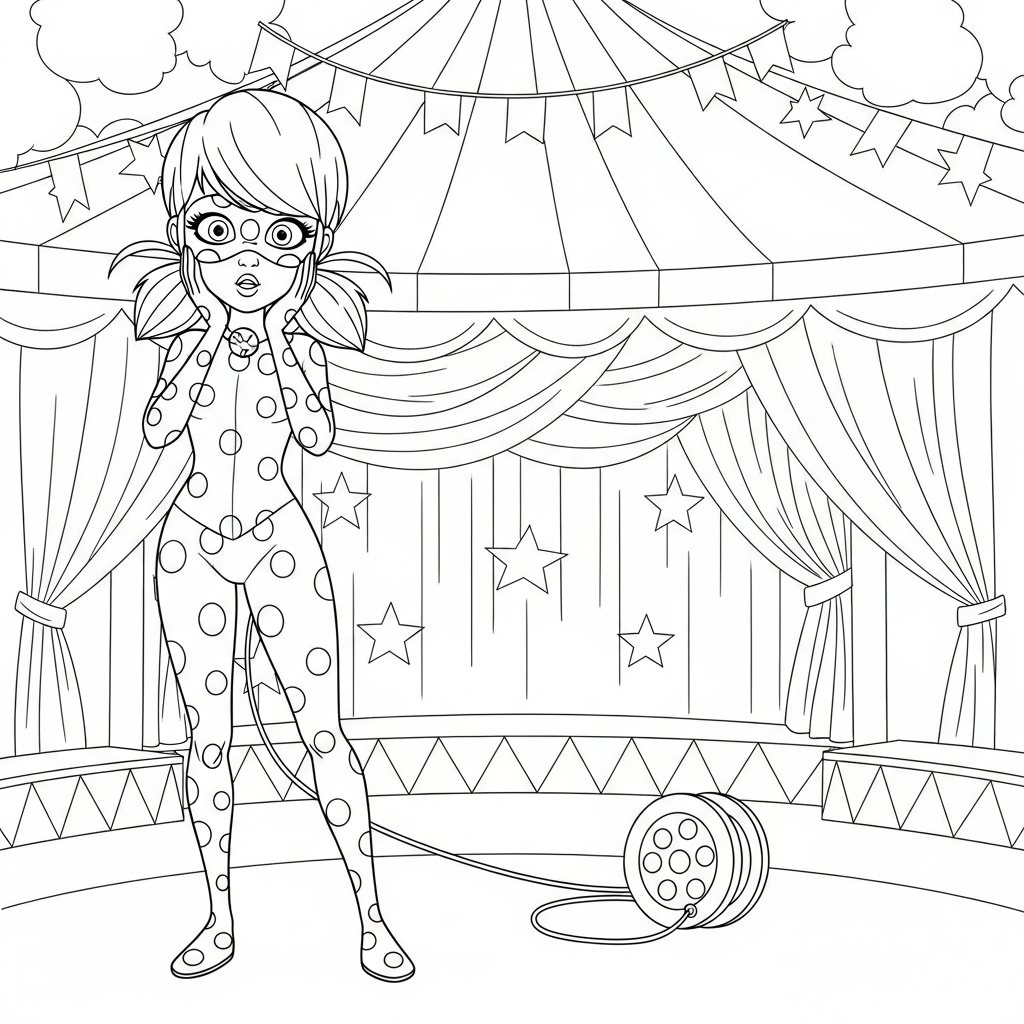 Desenho de Ladybug Miraculous para colorir surpresa com mãos no rosto no circo