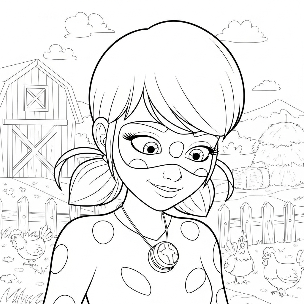 Desenho de Ladybug Miraculous para colorir sorrindo timidamente olhando para baixo na fazenda com celeiro