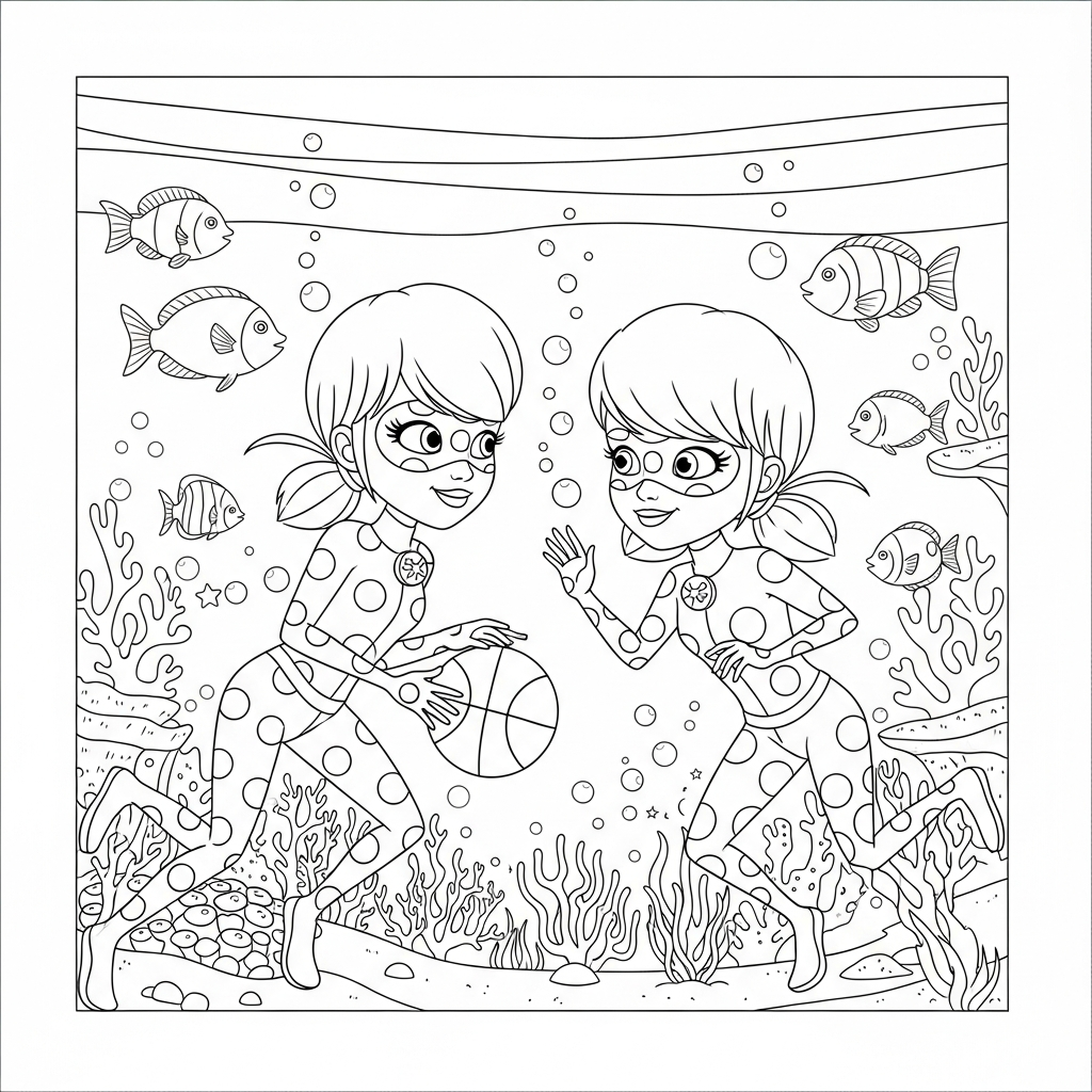 Desenho de Ladybug Miraculous para colorir driblando bola de basquete no fundo do mar.