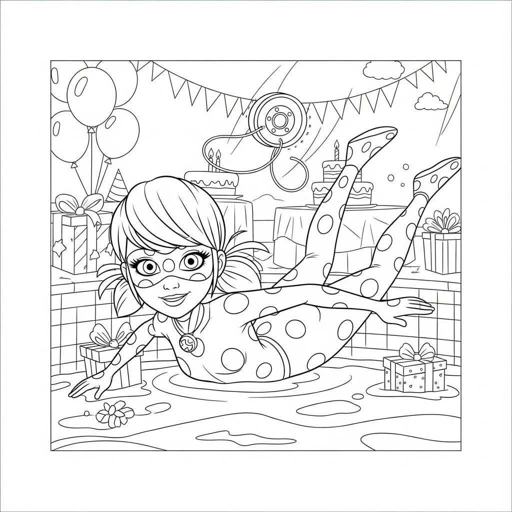 Desenho de Ladybug Miraculous para colorir nadando estilo livre na piscina em aniversário.