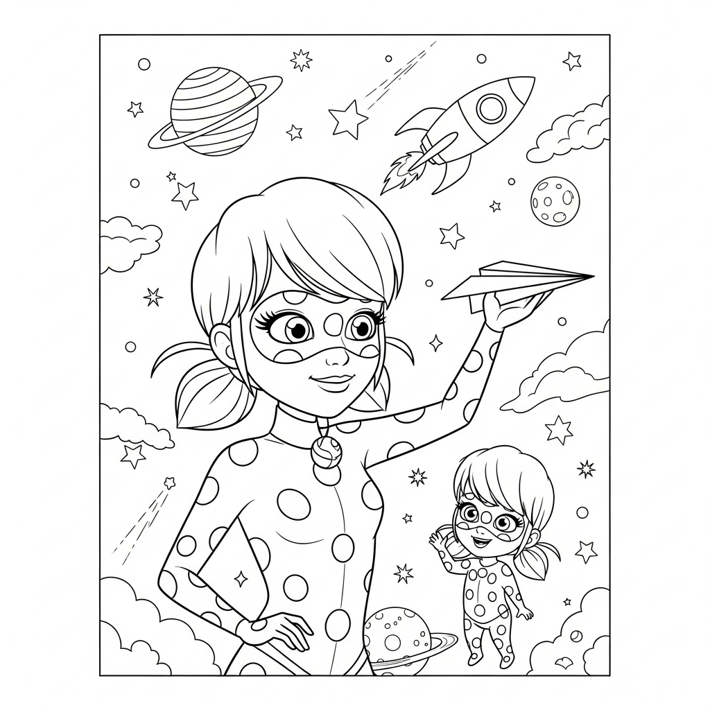 Desenho de Ladybug Miraculous para colorir brincando com avião de papel no espaço.
