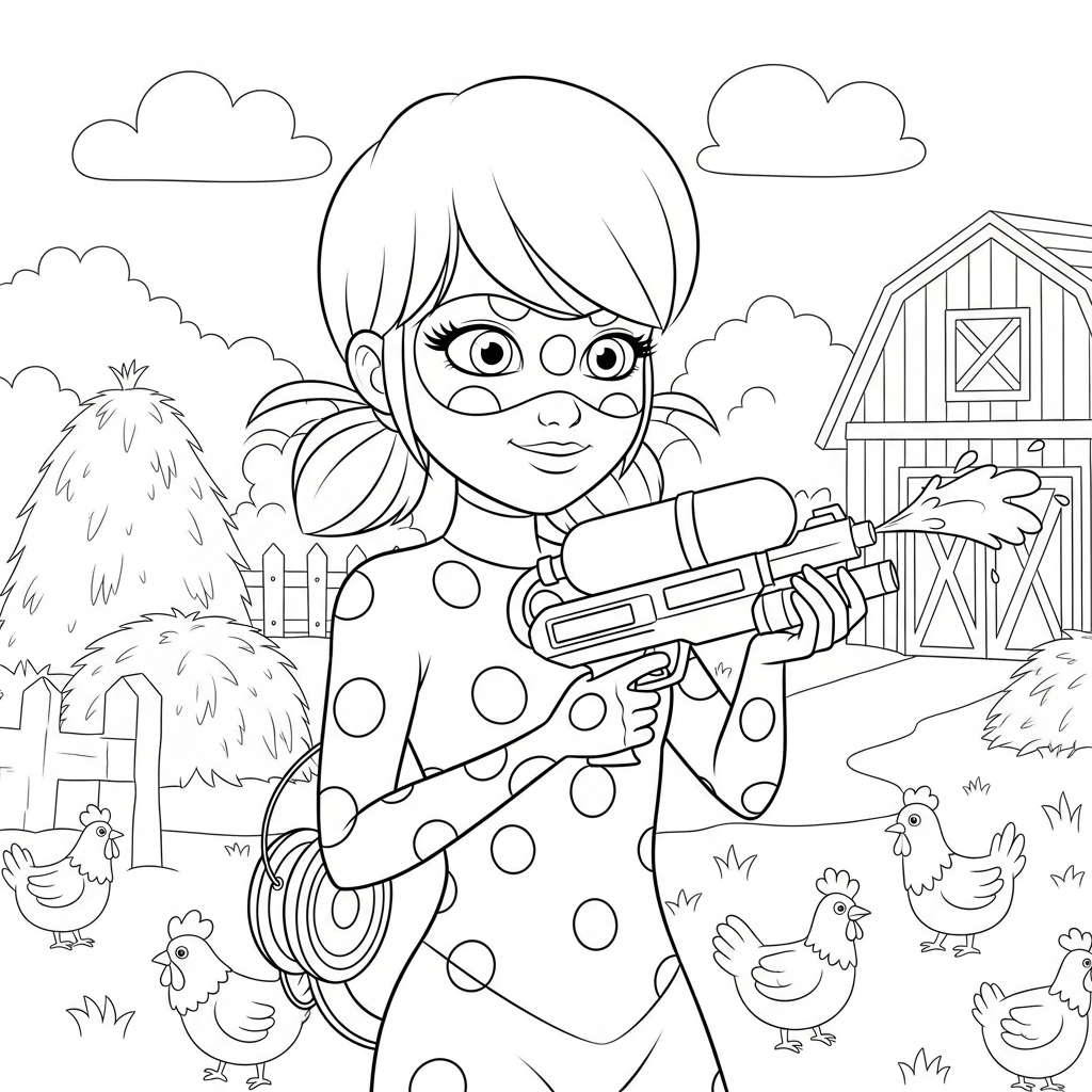 Desenho de Ladybug Miraculous para colorir brincando com pistola de água na fazenda.